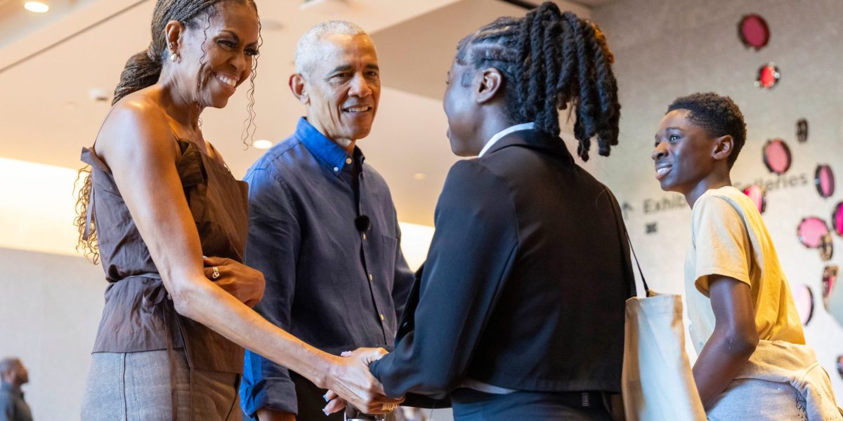 Obamas greet first visitors at new presidential center in Chicago