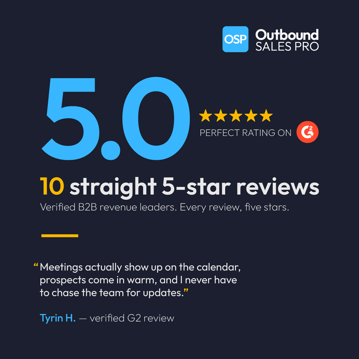 Outbound Sales Pro G2 rating reaches 10 five-star reviews